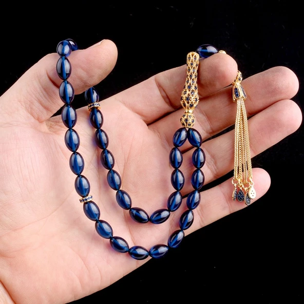 925 Ayar Gümüş Sarı Lavicert Gümüş Set Püsküllü Mavi Renk Ateş Kehribar Tesbih - Resim 3