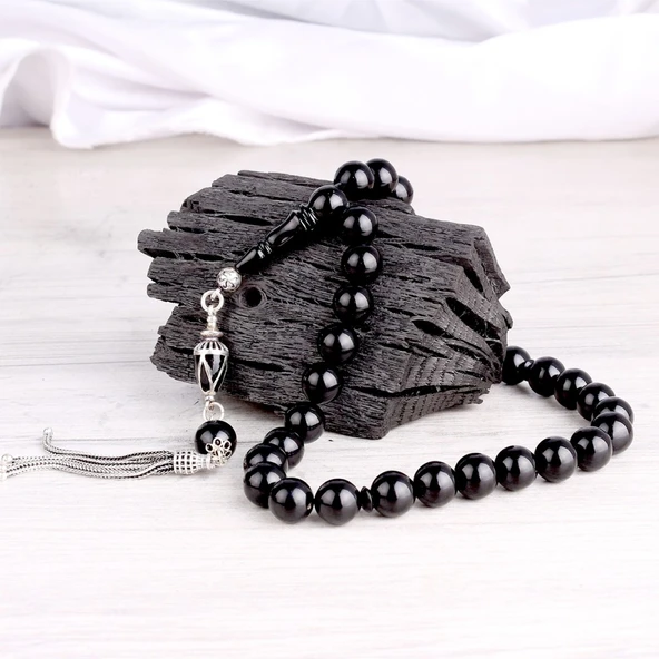 925 Ayar Gümüş Mineli Püsküllü Ateş Kehribar Tesbih - Resim 2