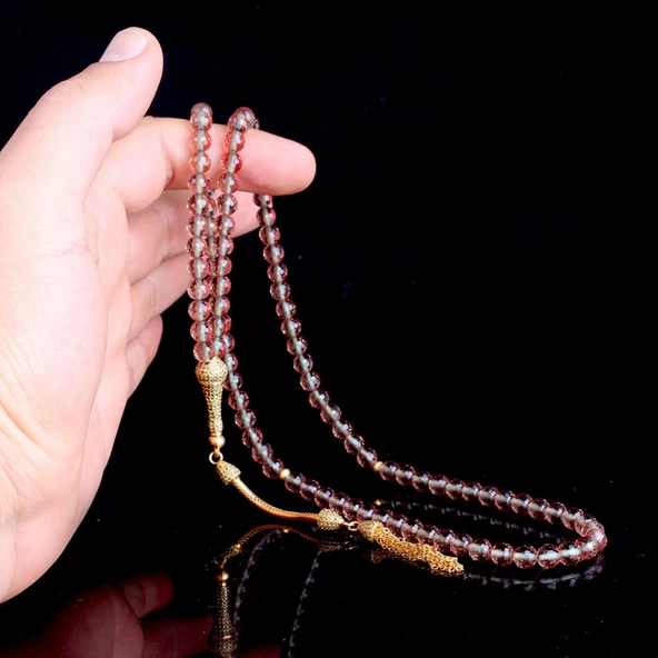 925 Ayar Gümüş Üzeri Altın Kaplama Püsküllü 99'Luk Zultanit Taşı Tesbih - Resim 4