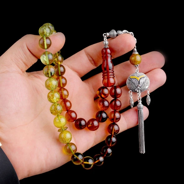 925 Ayar Gümüş Püsküllü 11mm Süzme Renk Damla Kehribar Tesbih - Resim 3