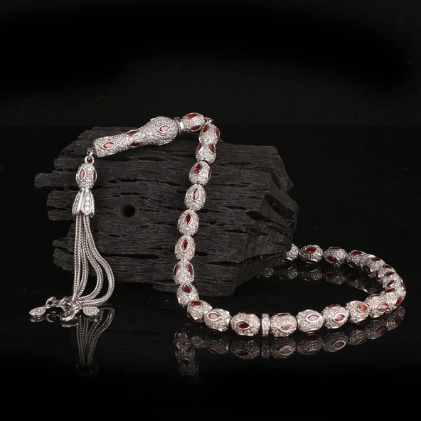 KIRMIZI BEYAZ ZİRKON TAŞLI 925 AYAR GÜMÜŞ TESBİH - Resim 2