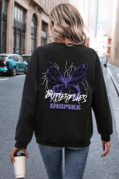 Unisex Butterfly & Letter Graphic Baskılı Bisiklet Yaka Sweatshirt ürün görseli