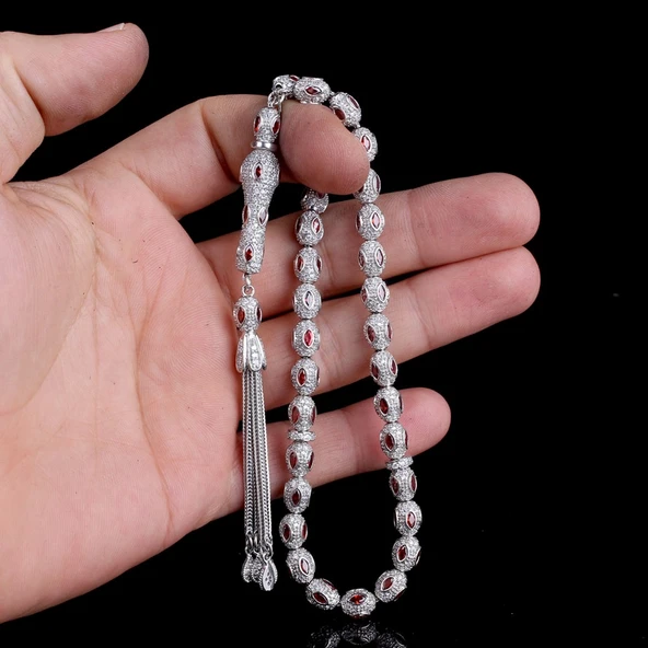 KIRMIZI BEYAZ ZİRKON TAŞLI 925 AYAR GÜMÜŞ TESBİH - Resim 3