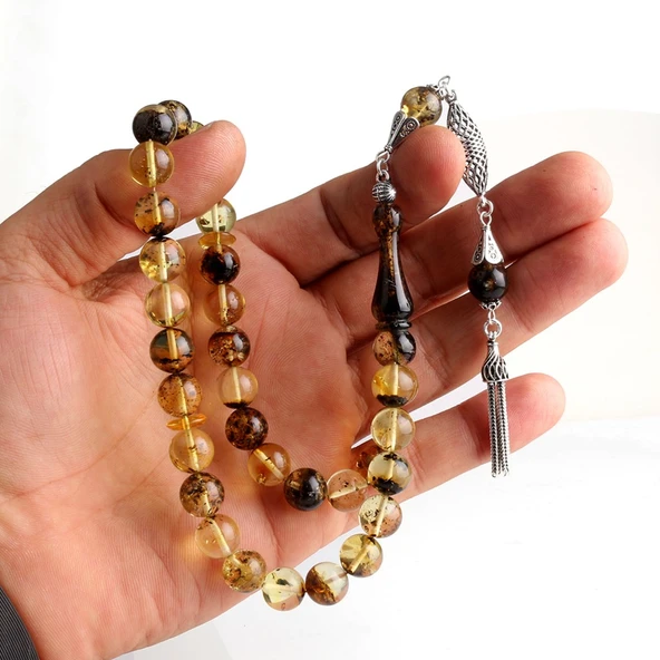 10 mm Fosilli Damla Kehribar Tesbih 925 Ayar Gümüş Püsküllü - Resim 3