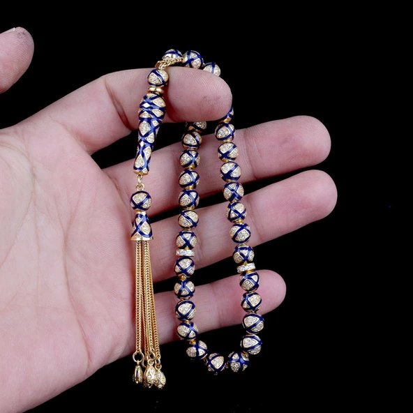 ALTIN KAPLAMALI ZİRKON TAŞLI LACİVERT MİNELİ 925 AYAR GÜMÜŞ TESBİH - Resim 3