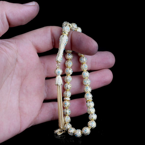 ALTIN KAPLAMALI ZİRKON TAŞ İŞLEMELİ TAMAMI 925 AYAR GÜMÜŞ TESBİH - Resim 3