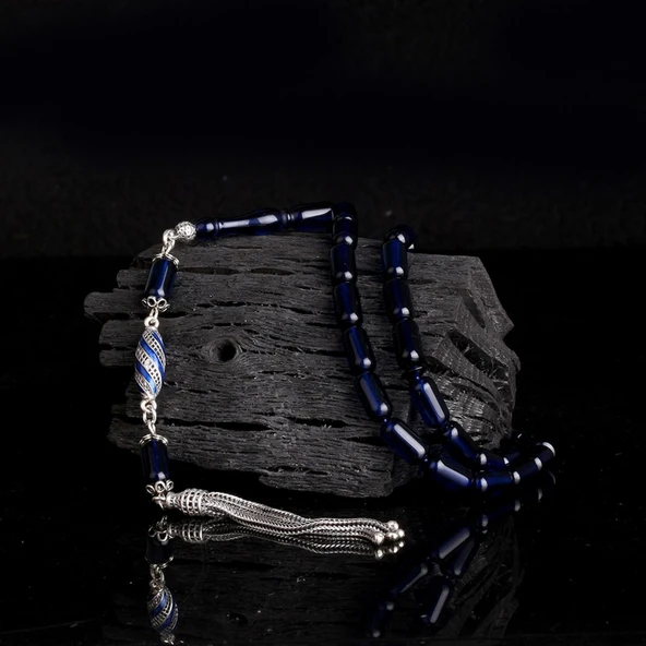 925 Ayar Gümüş Püsküllü Kapsül Kesim Mavi Renk Damla Kehribar Tesbih - Resim 2