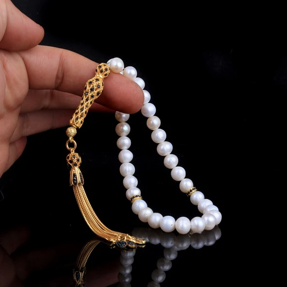 ALTIN KAPLAMA ZİRKON TAŞLI GÜMÜŞ SET İNCİ TAŞLI TESBİH - Resim 2