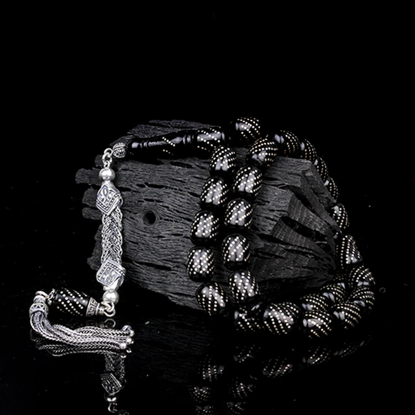 GÜMÜŞ PÜSKÜLLÜ GÜMÜŞ İŞLEME KAPSÜL ATEŞ KEHRİBAR TESBİH ürün görseli