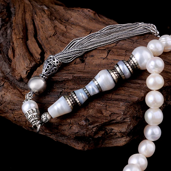 925 AYAR GÜMÜŞ ÖZEL TASARIM NAKKAŞ İMAME İNCİ TAŞI TESBİH - Resim 4