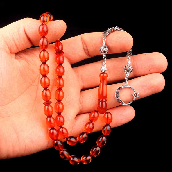 ÇAY RENGİ DAMLA KEHRİBAR TESBİH ZİRKON TAŞ GÜMÜŞ PÜSKÜLLÜ - 3