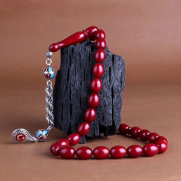 925 Ayar Gümüş Püsküllü Bordo Mavi Ateş Kehribar Ayyıldız Bileklik Kombini - Resim 2