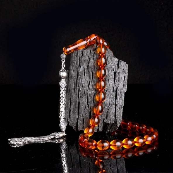 925 Ayar Gümüş Kral Püsküllü Arpa Kesim Damla Kehribar Tesbih ürün görseli