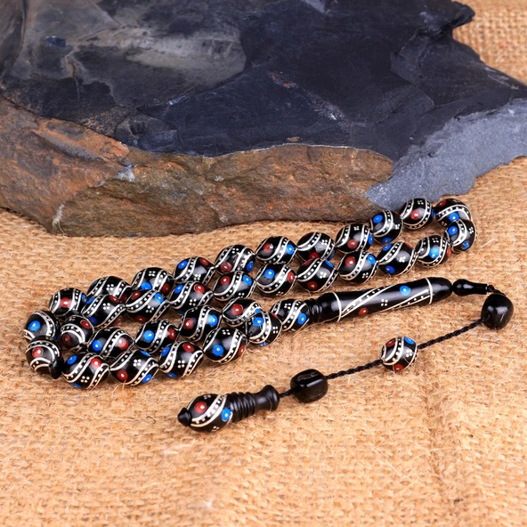 Arpa Kesim Erzurum Oltu Taşı Gümüş İşlemeli Sistemli Tesbih - Resim 2