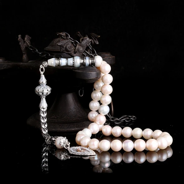 Gümüş Püsküllü Ayyıldız Mineli Model 10 mm Nakkaş İmameli İnci Taşı Tesbih ürün görseli 1