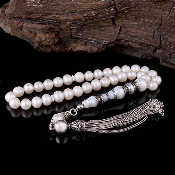 925 AYAR GÜMÜŞ ÖZEL TASARIM NAKKAŞ İMAME İNCİ TAŞI TESBİH - Resim 6