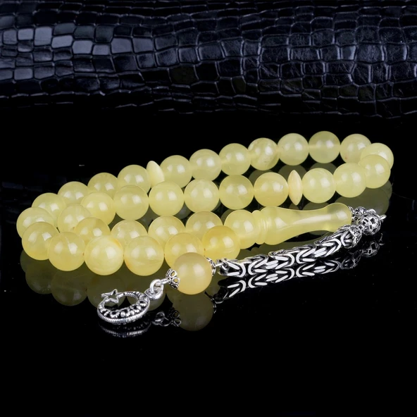 10 MM Mat Renk Orjinal Damla Kehribar Tesbih 925 Ayar Gümüş Püsküllü ürün görseli 1