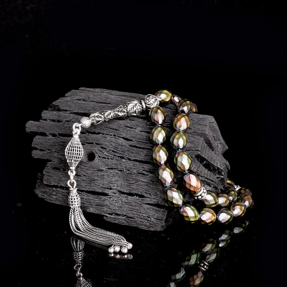 925 Ayar Gümüş Püsküllü Renk Değiştiren Arpa Kesim His Taşı Tesbih - Resim 2