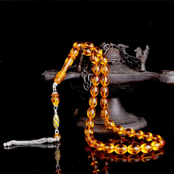 925 Ayar Gümüş Mineli Püsküllü Sarı Renk Ateş Kehribar Tesbih ürün görseli