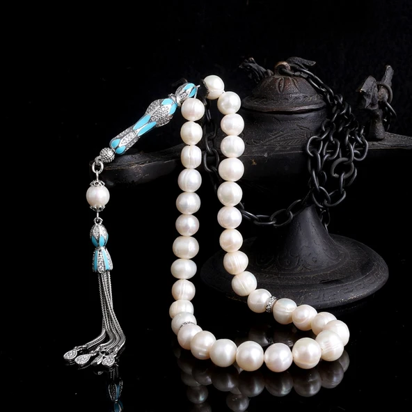 925 Ayar Mineli Gümüş Püsküllü İnci Taşı Tesbih ürün görseli 1