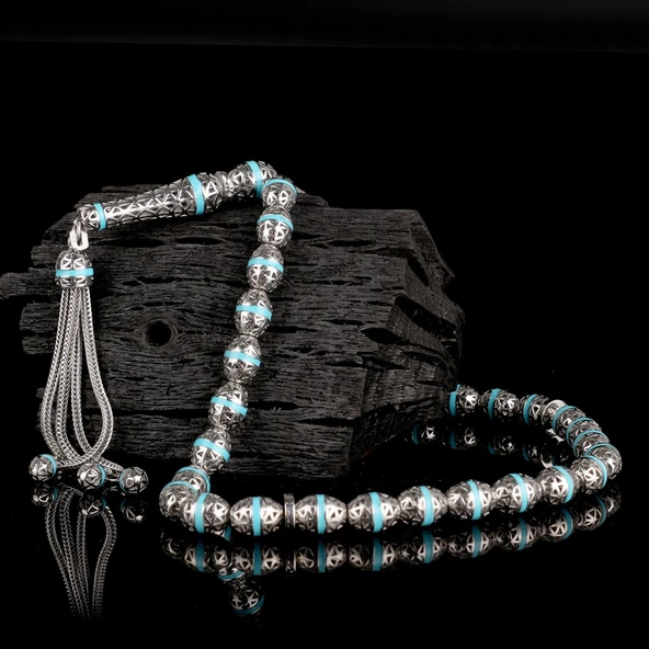 ARPA KESİM TURKUAZ RENK MİNELİ 925 AYAR GÜMÜŞ TESBİH - Resim 2