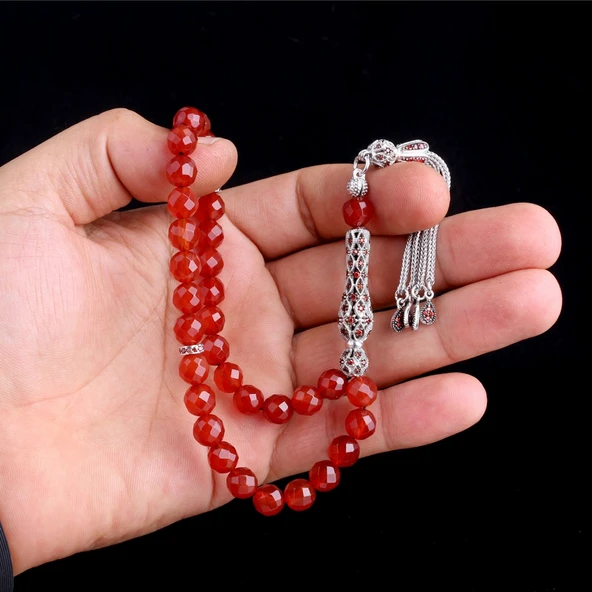 Zirkon Taşlı Gümüş Püsküllü Kristal Kesme Akik Taşı Tesbih - Resim 2