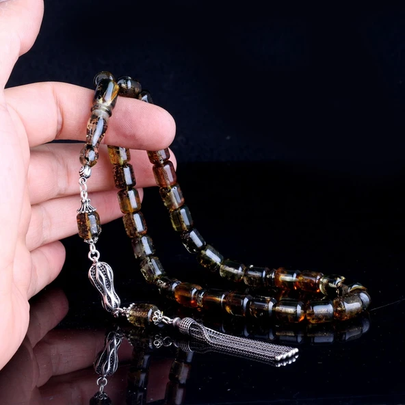 925 Ayar Gümüş Püsküllü Kapsül Kesim Çöp Fosilli Damla Kehribar Tesbih - Resim 4