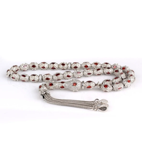 KIRMIZI BEYAZ ZİRKON TAŞLI 925 AYAR GÜMÜŞ TESBİH - Resim 4