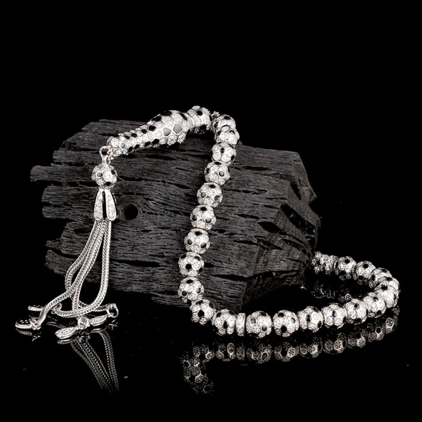 FUTBOL TOPU MODEL ZİRKON TAŞLI SİYAH MİNELİ 925 AYAR GÜMÜŞ TESBİH - Resim 2