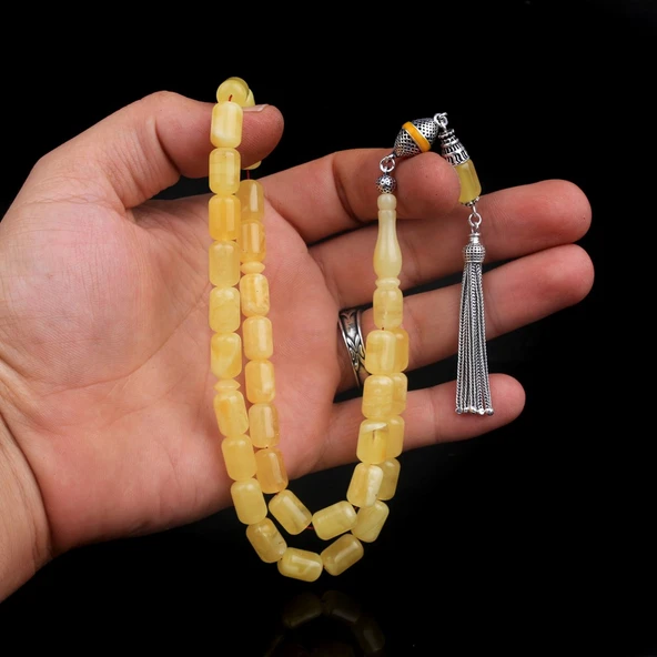 KAPSÜL KESİM MAT RENK DAMLA KEHRİBAR TESBİH 925 AYAR GÜMÜŞ PÜSKÜLLÜ - Resim 4