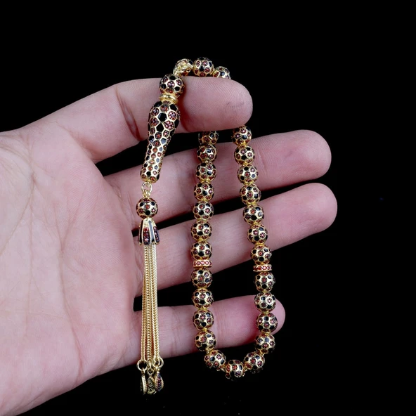 FUTBOL TOPU MODEL ZİRKON TAŞLI SİYAH MİNELİ 925 AYAR GÜMÜŞ TESBİH - Resim 3