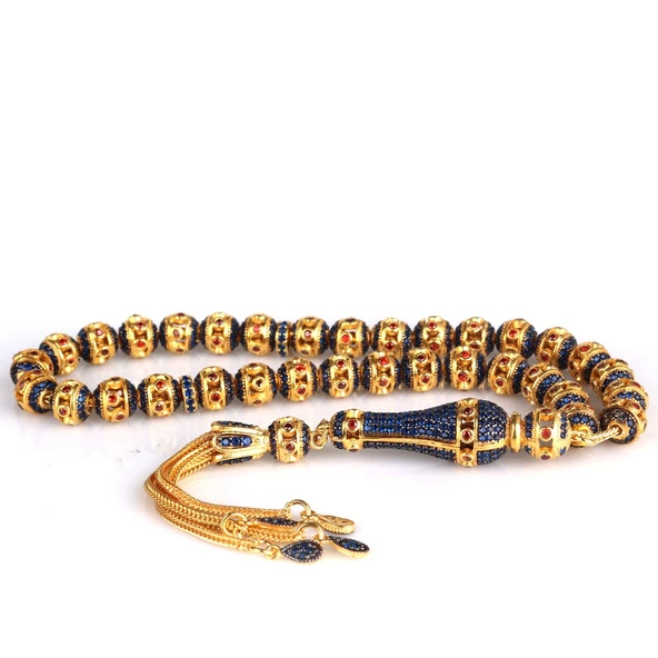 ALTIN KAPLAMA LACİVERT RENK ZİRKON TAŞLI 925 AYAR GÜMÜŞ TESBİH - Resim 4