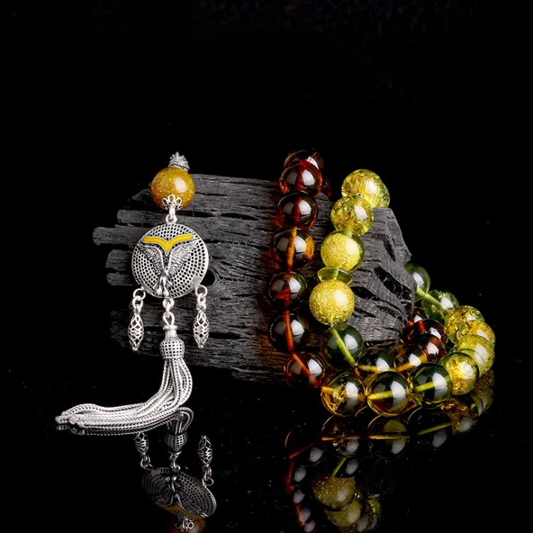 925 Ayar Gümüş Püsküllü 11mm Süzme Renk Damla Kehribar Tesbih - Resim 2