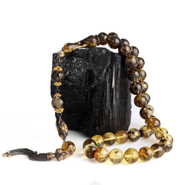 11 mm Fosilli Damla Kehribar Tesbih Çift Renk 925 Ayar Gümüş Püsküllü ürün görseli