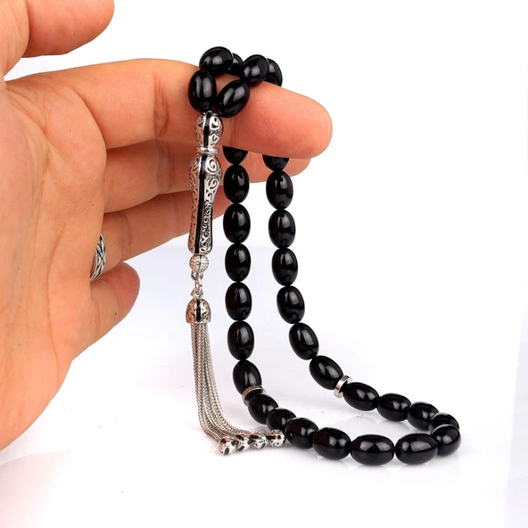 925 AYAR GÜMÜŞ PÜSKÜLLÜ ATEŞ KEHRİBAR TESBİH - Resim 4