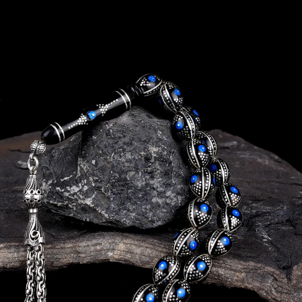 Arpa Model Gümüş İşlemeli Erzurum Oltu Taşı Tesbih - Resim 2