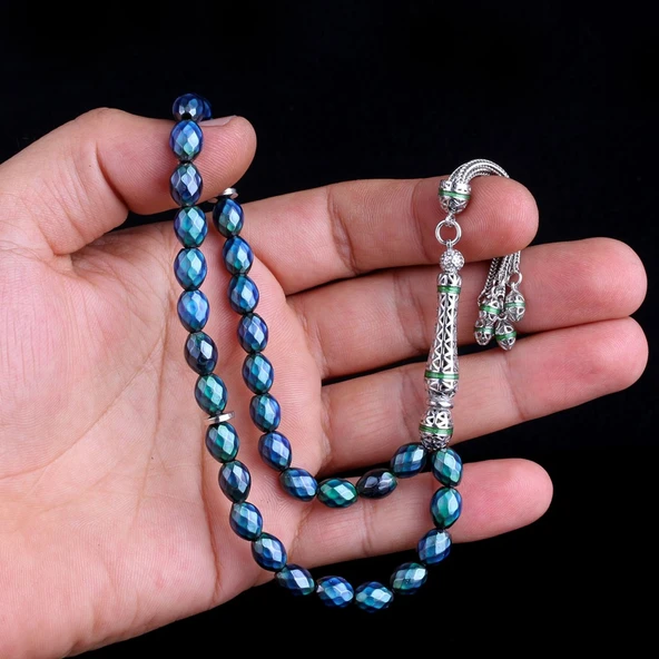 925 Ayar Gümüş Mine Püsküllü Renk Değiştiren Arpa Kesim His Taşı Tesbih - Resim 3