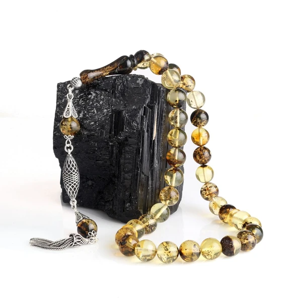 10 mm Fosilli Damla Kehribar Tesbih 925 Ayar Gümüş Püsküllü ürün görseli 1