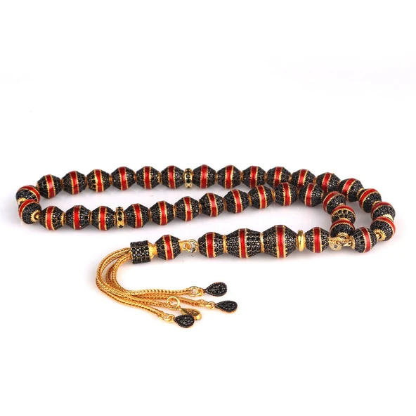 ALTIN KAPLAMALI KIRMIZI MİNELİ 925 AYAR GÜMÜŞ TESBİH - Resim 4