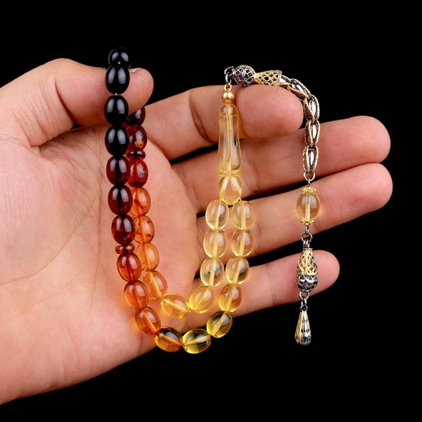 Çift Renk Gümüş Püsküllü Süzme Damla Kehribar Tesbih - Resim 2