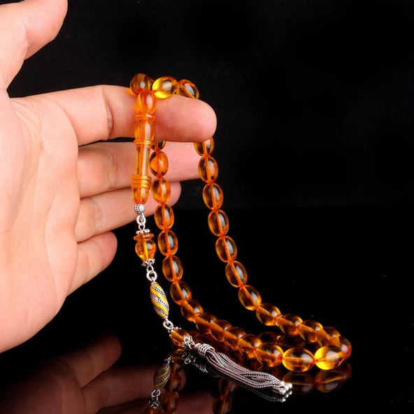 925 Ayar Gümüş Mineli Püsküllü Sarı Renk Ateş Kehribar Tesbih - Resim 2