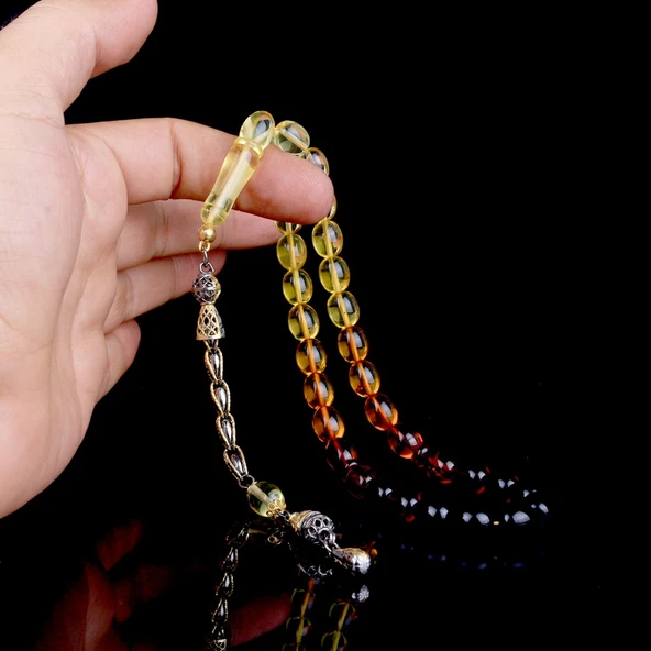 Çift Renk Gümüş Püsküllü Süzme Damla Kehribar Tesbih - Resim 3