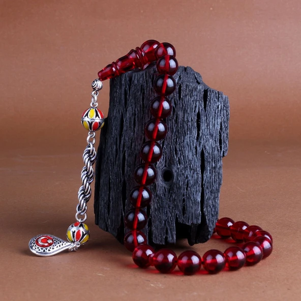 925 Ayar Gümüş Püsküllü Sarı Kırmızı Renk Ateş Kehribar Ayyıldız Bileklik Kombini - Resim 2