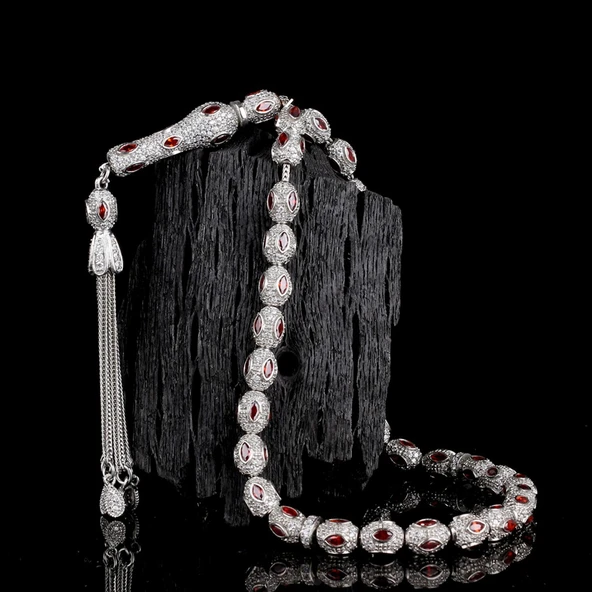 KIRMIZI BEYAZ ZİRKON TAŞLI 925 AYAR GÜMÜŞ TESBİH ürün görseli