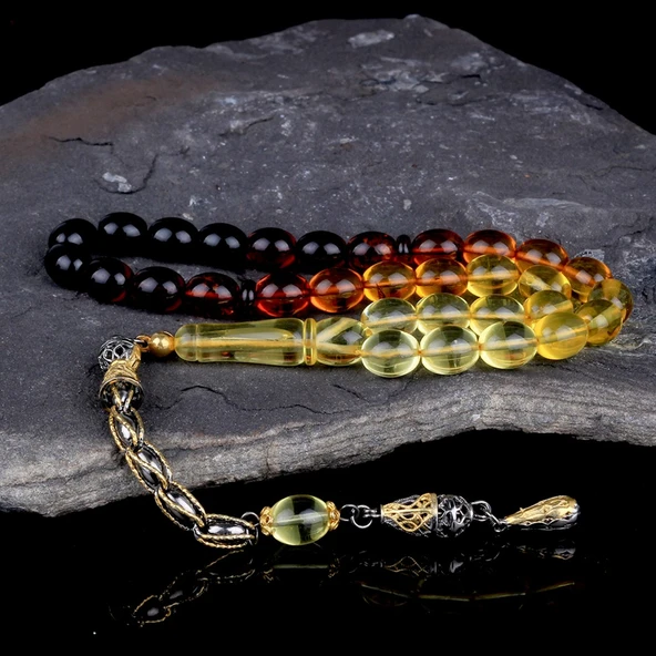 Çift Renk Gümüş Püsküllü Süzme Damla Kehribar Tesbih ürün görseli