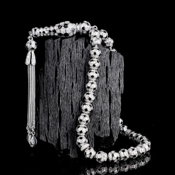 FUTBOL TOPU MODEL ZİRKON TAŞLI SİYAH MİNELİ 925 AYAR GÜMÜŞ TESBİH ürün görseli