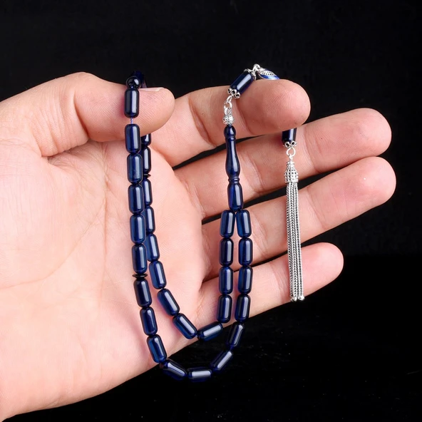 925 Ayar Gümüş Püsküllü Kapsül Kesim Mavi Renk Damla Kehribar Tesbih - Resim 3