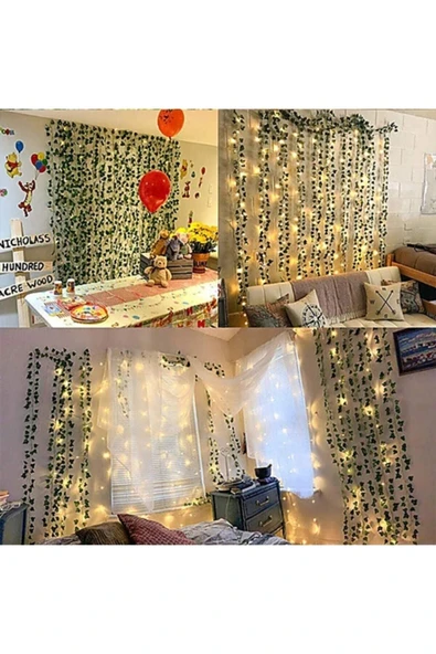 Dekoratif Yeşil Yıldız Yapraklı Yapay Sarmaşık Ve 3 Metre Peri Led Gün Işığı