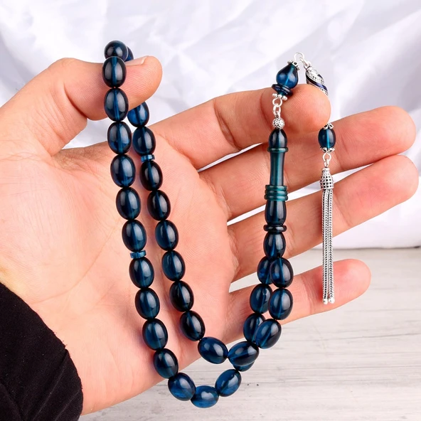 925 Ayar Gümüş Mineli Püsküllü Mavi Renk Ateş Kehribar Tesbih - Resim 3