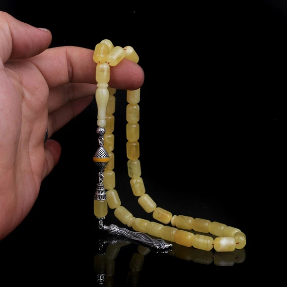 KAPSÜL KESİM MAT RENK DAMLA KEHRİBAR TESBİH 925 AYAR GÜMÜŞ PÜSKÜLLÜ - Resim 5